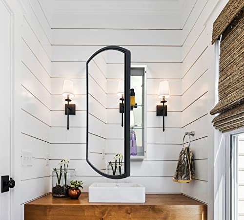 Arched 16" W x 26" H Aluminum Single-Door Bathroom Medicine Cabinet with Mirror, Recessed or Surface Mount Bathroom Wall Cabinet, Black Frame