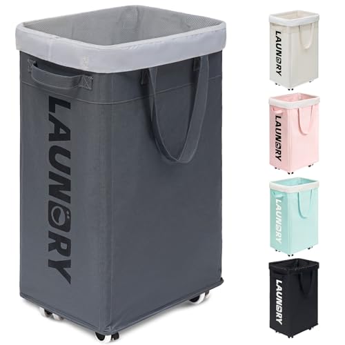 Goodpick 75L Laundry Basket with Wheels & Removable Wash Bag for Dorm | Rolling Laundry Basket with Handles for Dirty Clothes, Fodable Hamper for Laundry Room, Dorm Room Essentials, Grey - color: Grey 1-Pack