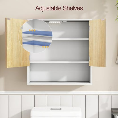 Bathroom Cabinet with Mirror & LED, Wall Mounted Bathroom Cabinet,Side Hook | Magnetic mirror Door,Detachable magnetic Light ,Adjustable Shelves,Side Hook,Open Bottom Shelf,Wood Grain,Over Toilet Mount - color: White&wood