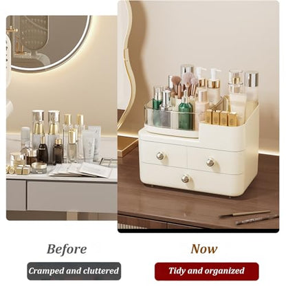 Makeup Organizer with Drawers and 360° Rotating Brush Holder,make up organizers for counter,Large Capacity Cosmetic Storage for Vanity,Skincare,Perfume