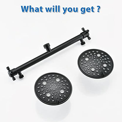 Proox Double Shower Head 6-Setting High Pressure Built-in Valve Matte Black | For Couples' Walk-in or Single Bathtub Use, Dual Head System, Premium Finish, Easy Tool-Free Install - color: Matte Black