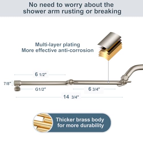 BRIGHT SHOWERS Brass Shower Arm Extender for Rain and Handheld Shower Head, 14 Inch Universal Shower Head Extension Arm, Adjustable Height & Angle, Brushed Nickel - color: Brushed Nickel, style: 14 Inch
