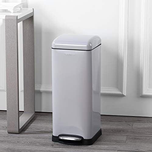 happimess Betty 8 Gal Step Trash Can Soft-Close Lid, Gloss Gray | Fingerprint Resistant, Removable Liner, Semi-Rectangular, Steel Pedal, Iron Powder Coated, 27" Height, Non-Skid Base - color: Gray