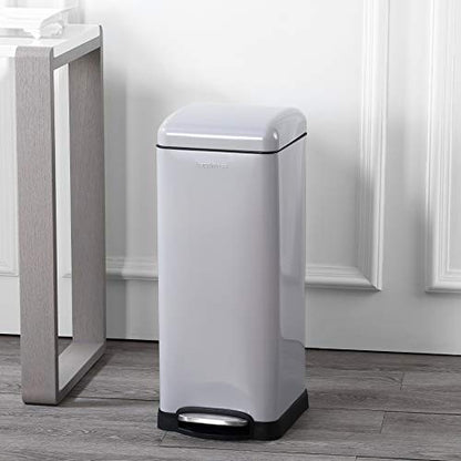happimess Betty 8 Gal Step Trash Can Soft-Close Lid, Gloss Gray | Fingerprint Resistant, Removable Liner, Semi-Rectangular, Steel Pedal, Iron Powder Coated, 27" Height, Non-Skid Base - color: Gray