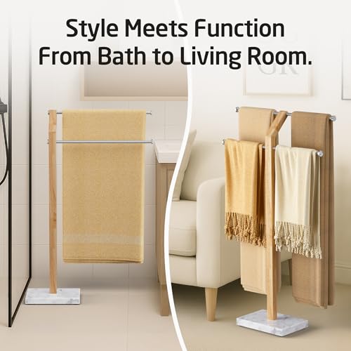 KES Width Adjustable Free Standing Towel Rack with 3X Thicker Weighted Natural Marble Base, 2-Tier Wooden Towel Rack Stand for Bathroom Floor, 18/8 Stainless Steel, Brushed Finish, BTH800-2 - color: White Marble