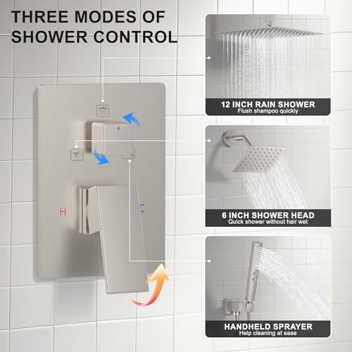 Rain Shower System 12" & 6" Dual Shower Heads Ceiling Shower Faucet Set | Ideal for bathroom remodels and upgrades with 12" rain shower, 6" angled shower, handheld spray and complete valve kit. - color: Brushed Nickel, size: Ceiling Mounted - 12"+6" Showe