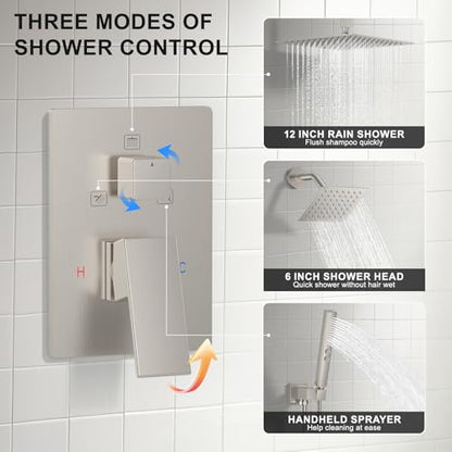 Rain Shower System 12" & 6" Dual Shower Heads Ceiling Shower Faucet Set | Ideal for bathroom remodels and upgrades with 12" rain shower, 6" angled shower, handheld spray and complete valve kit. - color: Brushed Nickel, size: Ceiling Mounted - 12"+6" Showe