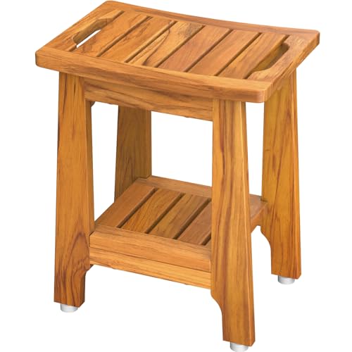 NNN 14" Compact Teak Shower Stool with Japan-Made Non-Slip Leveling Feet | US Patented Design, Marine-Grade Hardware, Pre-Oiled European Teak Oil, Ready, 300lb, for Small Baths Tubs & Outdoor Pools - size: 14"W x 10" Dx 17"H
