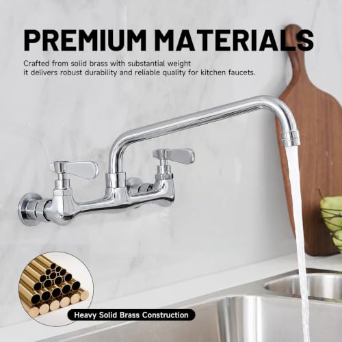 Wall Mount Kitchen Faucet 16" Gooseneck Swivel Spout, Chrome | Lead-Free Solid Brass,Dual Handle Hot/Cold,8" Center,Commercial Sink Faucet for Laundry Restaurant Utility Sinks,Rustproof - size: 16 Inch