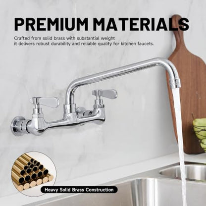Wall Mount Kitchen Faucet 16" Gooseneck Swivel Spout, Chrome | Lead-Free Solid Brass,Dual Handle Hot/Cold,8" Center,Commercial Sink Faucet for Laundry Restaurant Utility Sinks,Rustproof - size: 16 Inch