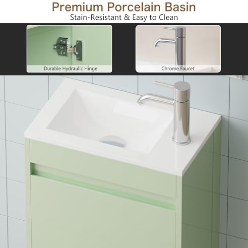 wonline 16" Floating Bathroom Vanity with Sink, Wall Mounted Resin Basin Cabinet Combo for Small Bathrooms, High Gloss Green, Includes Chrome Faucet & Pop Up Drain - color: Green