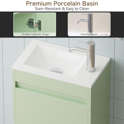 wonline 16" Floating Bathroom Vanity with Sink, Wall Mounted Resin Basin Cabinet Combo for Small Bathrooms, High Gloss Green, Includes Chrome Faucet & Pop Up Drain - color: Green