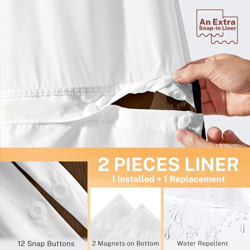 River Dream No Hooks Shower Curtain with 2 Snap in Liner, Brown, 71Wx74H | Waffle Weave, 1 Attached Snap in Liner and 1 Extra Replacement Liner, Bathroom Curtains Shower Set, Hotel Grade, Spa Like - color: Brown