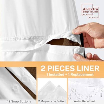 River Dream No Hooks Shower Curtain with 2 Snap in Liner, Brown, 71Wx74H | Waffle Weave, 1 Attached Snap in Liner and 1 Extra Replacement Liner, Bathroom Curtains Shower Set, Hotel Grade, Spa Like - color: Brown