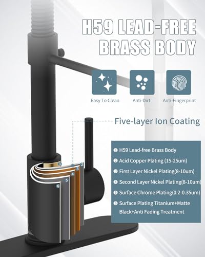 Black Kitchen Faucet with LED light,Kitchen Faucet with Soap Dispenser,Faucet for Kitchen Sink,Single Handle Stainless Steel Kitchen Sink Faucets with Pull Down Sprayer,Camper Farmhouse RV Sink Faucet - color: A-Matte Black, style: Rustic