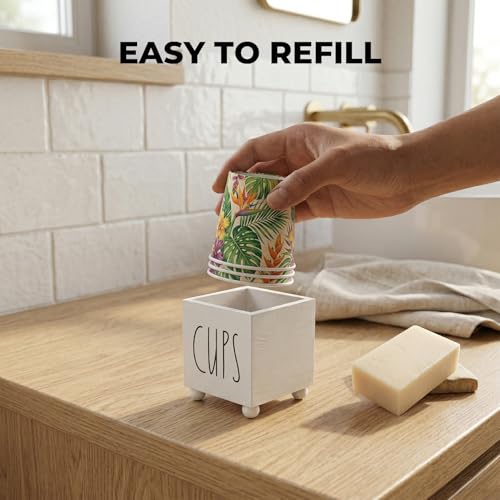 Bathroom Cup Dispenser, Farmhouse Dixie Cup Holder, 3 oz 5 oz Paper Mouthwash Cup Storage Box, Wooden Disposable Cup Caddy, Water Dispenser Cup Holder for Countertop (White) - color: White