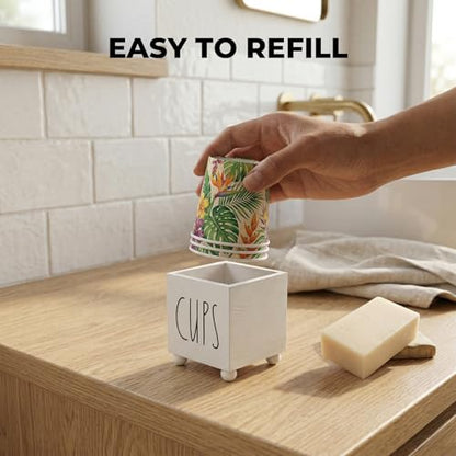 Bathroom Cup Dispenser, Farmhouse Dixie Cup Holder, 3 oz 5 oz Paper Mouthwash Cup Storage Box, Wooden Disposable Cup Caddy, Water Dispenser Cup Holder for Countertop (White) - color: White