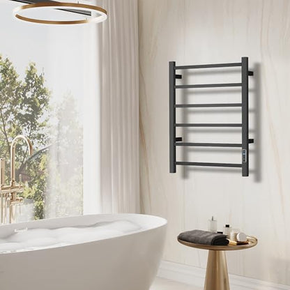 Electric Heated Towel Warmer - Wall Mounted Bathroom Towel Rack, Plug-in Design & Brushed Stainless Steel Black with Timer & Temperature Control 6 Bar - color: Square Black With Timer, size: 6 Bar