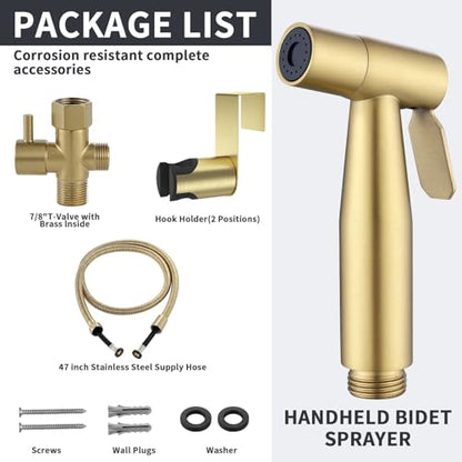 Brushed Gold Handheld Bidet Sprayer for Toilet, Stainless Steel Cloth Diaper Sprayer Kit with Solid Brass T-Valve, Adjustable Water Pressure Bidet Attachment - color: Brushed Gold, size: 1 Set