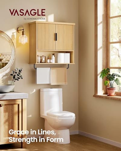 VASAGLE MAXE Collection - Bathroom Cabinet Wall Mounted, Over Toilet Hanging Cabinet with Adjustable Shelf, Towel Bar, Fluted Doors, 7.9 x 23.6 x 28.7 Inches, Transitional, Oak Beige UBBK135Y01S - color: Oak Beige, style: 2Doors（28.7"H）