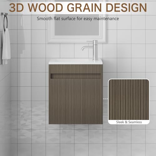 wonline 16" Small Bathroom Vanity Sink Combo Modern Wall Mounted Floating Cabinet W/Resin Basin Sink Top, Chrome Water Save Faucet & Pop Up Drain - color: Brown Wood Grain