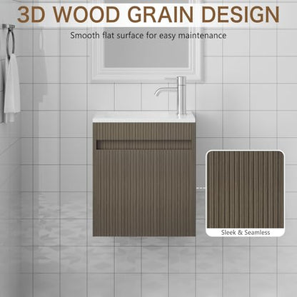 wonline 16" Small Bathroom Vanity Sink Combo Modern Wall Mounted Floating Cabinet W/Resin Basin Sink Top, Chrome Water Save Faucet & Pop Up Drain - color: Brown Wood Grain