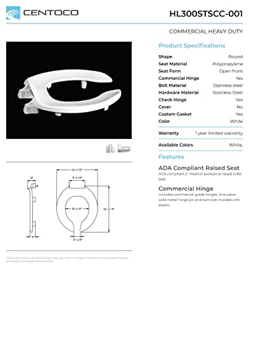 Centoco 2 inch Raised Toilet Seat for Seniors, USA, White | Plastic, HL300STSCC-001 - size: Round, style: 2" Raised
