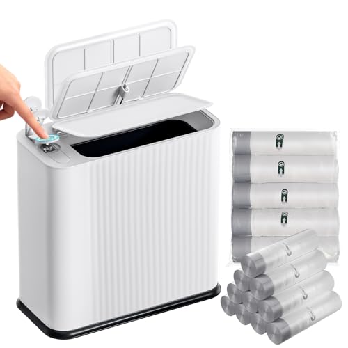 Bathroom Trash Can with Lid 13 Liter/ 3.5 Gallon White Trash Can with Pop-Up Lid Bedroom Trash Can Small Garbage Can with 150 Counts Trash Bags for Small Bathroom Bedroom Office - color: White