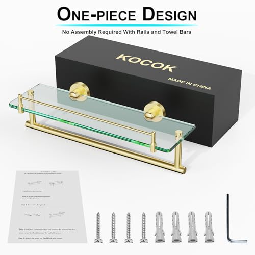 Towel Rack with Shelf 16 Inch, Bathroom Shelf with Towel Bar Tempered Glass, Brushed Gold Modern Rustproof Stainless Steel Wall Mount - color: Brushed Gold, size: 16-inch with Railing