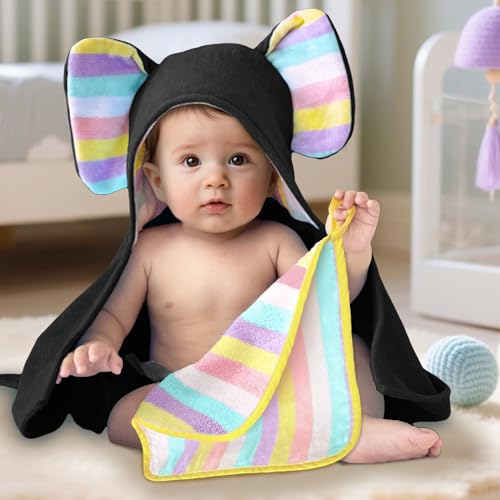 VOOVA & MOVAS Black Baby Beach Towel, Organic 100% Cotton,33"X31.5" - color: Black Elephant, size: 33 x 31.5 inches