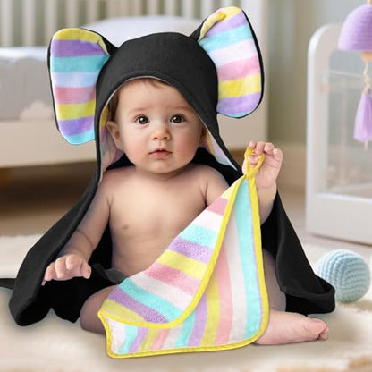 VOOVA & MOVAS Black Baby Beach Towel, Organic 100% Cotton,33"X31.5" - color: Black Elephant, size: 33 x 31.5 inches