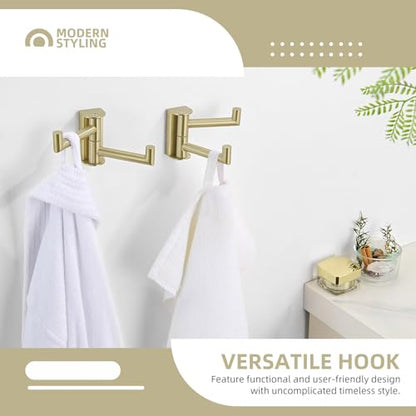 Angle Simple Swivel Hooks, Robe Towel Hook Brushed Gold, 2 Pack | Sturdy SUS304 Stainless Steel, Foldable Hand Towel Holder for Bathroom Kitchen Closet RV, Screws Wall Mount - color: Brushed Gold, size: 2 Pack