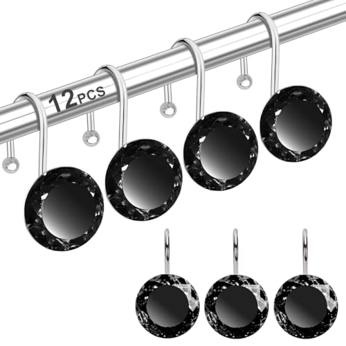 12PCS Stainless Steel Shower Curtain Hooks Rings for Bathroom, Rust Proof Metal Crystal Rhinestones Bling Shower Curtain Rings Hangers for Shower Curtains Decorative, Round Heavy Duty Design (Black) - color: Black, size: 12pcs