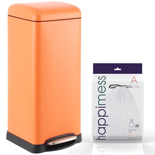 happimess Betty 8 Gal Step Trash Can Soft-Close Lid, Carrot Cake | Removable Liner, Semi-Rectangular, Steel Pedal, Iron Powder Coated, 27" Height, Non-Skid Base - color: Carrot Cake