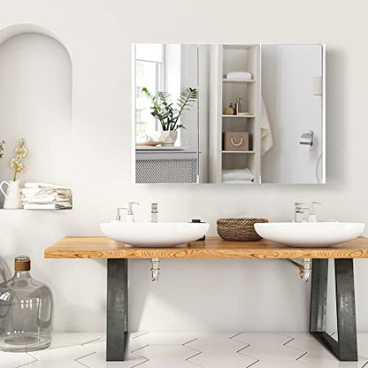 GLACER Large Mirrored Medicine Cabinet, Bathroom Wall Mounted Storage Cabinet with Triple Mirrored Doors, Ideal for Bathroom, Living Room, 36 x 4.5 x 25.5 inches (White)