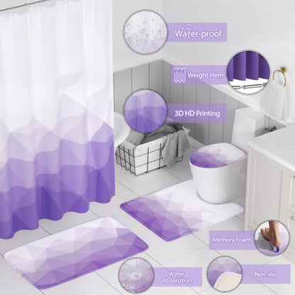 XLHOMO Bathroom Accessory Set - 26PC Bathroom Shower Curtain and Rug Set, Bathroom Accessories Set, Purple Bathroom Set with Trash Can, Toilet Brush, Qtip Holder & Soap Dispenser - style: Purple