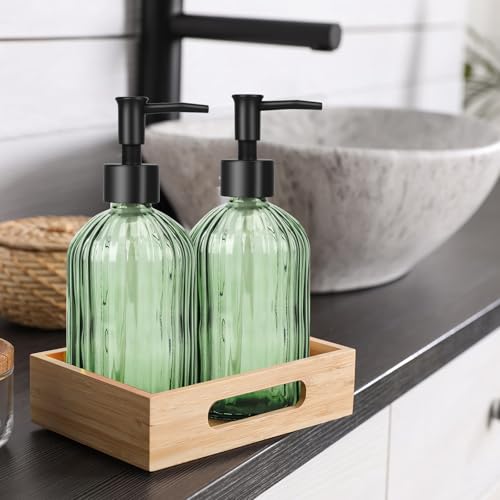 Glass Soap Dispenser with Plastic Pump, Hand Soap Dispenser for Hand Wash, Lotion Dispenser for Dishwashing Liquid, Lotion Shower Gel (Green) - color: Striped Green