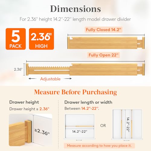Lifewit 2.36" Kitchen Drawer Dividers, Adjustable Bamboo Drawer Organizers | 5 Pack 14.2"-22" Expandable Drawer Separator for Clothes, Utensils, Dresser, Cabinet, Closet, Nursery Organization & Storage