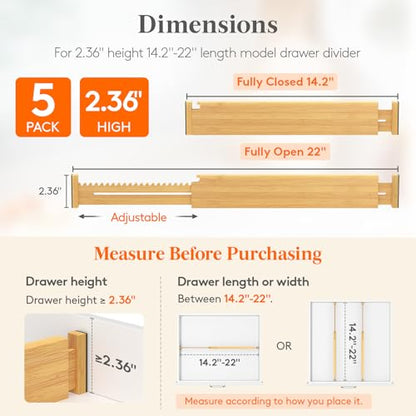 Lifewit 2.36" Kitchen Drawer Dividers, Adjustable Bamboo Drawer Organizers | 5 Pack 14.2"-22" Expandable Drawer Separator for Clothes, Utensils, Dresser, Cabinet, Closet, Nursery Organization & Storage
