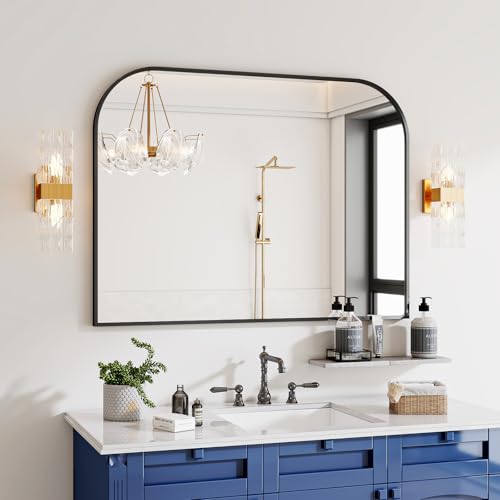 Black Arched Top Wall Mounted Mirror 36"x24" | Round Cruved Top Bathroom Vanity Mirror, Aluminum Metal Framed, Home Decor for Living Room, Fireplace, Mantle, Entryway - color: Black, size: 24"L x 36"W