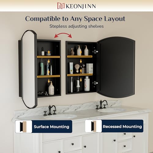 Keonjinn Black Medicine Cabinet with Mirror 24” x 30”, Metal Framed Wall Cabinet with Beveled Mirror, Surface Mount or Recessed Medicine Cabinet for Bathroom, Bathroom Mirror with Storage | Metal Framed Wall Cabinet with Beveled Mirror, Wall-Mounted or Re