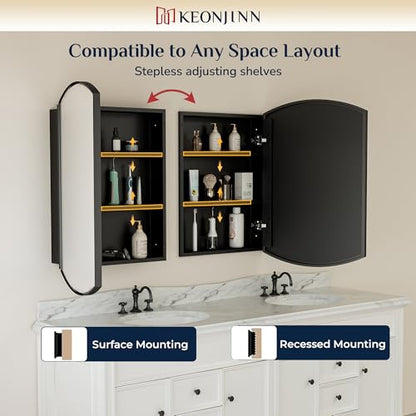 Keonjinn Black Medicine Cabinet with Mirror 24” x 30”, Metal Framed Wall Cabinet with Beveled Mirror, Surface Mount or Recessed Medicine Cabinet for Bathroom, Bathroom Mirror with Storage | Metal Framed Wall Cabinet with Beveled Mirror, Wall-Mounted or Re