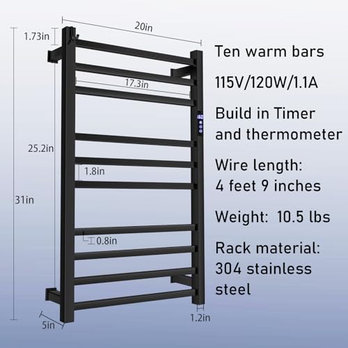 XBVV Black Towel Warmer Rack for Bathroom with Timer/Fahrenheit Display Electric Heated 10 Bars Drying Rail Plug-in or Hardwired Wall Mounted Heating Bath Towel Warming(Matte Black) - color: Matte Black