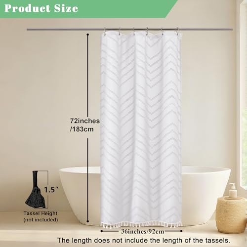 Small Boho Stall Shower Curtain, White Fabric Cloth Stall Shower Curtain 36 x 72 Half Size with Tassel Tufted Chevron Striped Textured Modern Farmhouse for Bathroom, Machine Washable - color: White, size: 36"W x 72"L (Pack of 1)