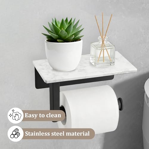 Toilet Paper Holder with Natural Marble Shelf, Wall Mounted Tissue Holder, Modern and Durable Bathroom Accessory for Bathroom Washroom(Black) - color: Black