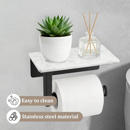Toilet Paper Holder with Natural Marble Shelf, Wall Mounted Tissue Holder, Modern and Durable Bathroom Accessory for Bathroom Washroom(Black) - color: Black