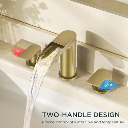 FORIOUS Bathroom Faucet 3 Hole Widespread Sink 8 Inch 2 Handle Brushed Gold | 3-hole 6-12 Inch Widespread Sink, Waterfall Faucets, with Drain and Hoses,for Vanity Rv Commercial Lavatory Restroom Basin - color: Brushed Gold