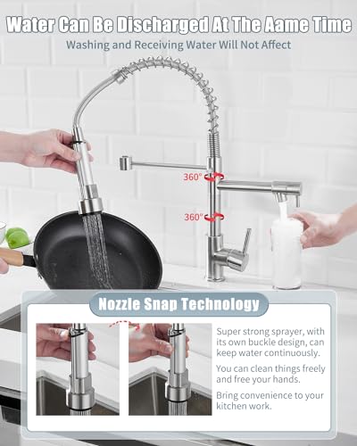 Kitchen Faucet with Soap Dispenser,Single Handle Faucet for Camper Farmhouse RV Kitchen Sink,Spring Kitchen Sink Faucets with Pull Down Sprayer and Deck Plate,Dual Function Spray Head,Brushed Nickel - color: B.Nickel Brushed, style: 1.Faucet+Soap Dispense