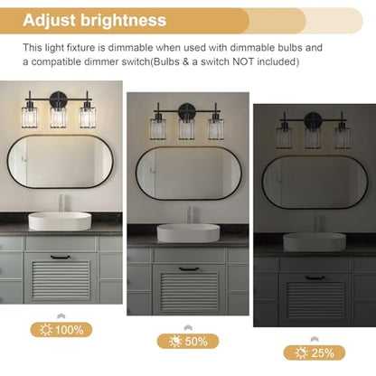 Black Bathroom Light Fixtures, Square, 3-Light | Vanity Lights with Crystal Shades, Modern Bathroom Lighting Fixtures over Mirror (Bulbs Not Included, E26) - color: Black (Square), size: 3-Light