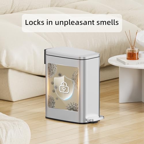 KSSKSS 1.6 Gallon/6L Small Bathroom Steel Step Trash Can, Soft-Close Lid & Fingerprint-Proof, Slim Wastebasket for Narrow Spaces (Silver) - color: Silver